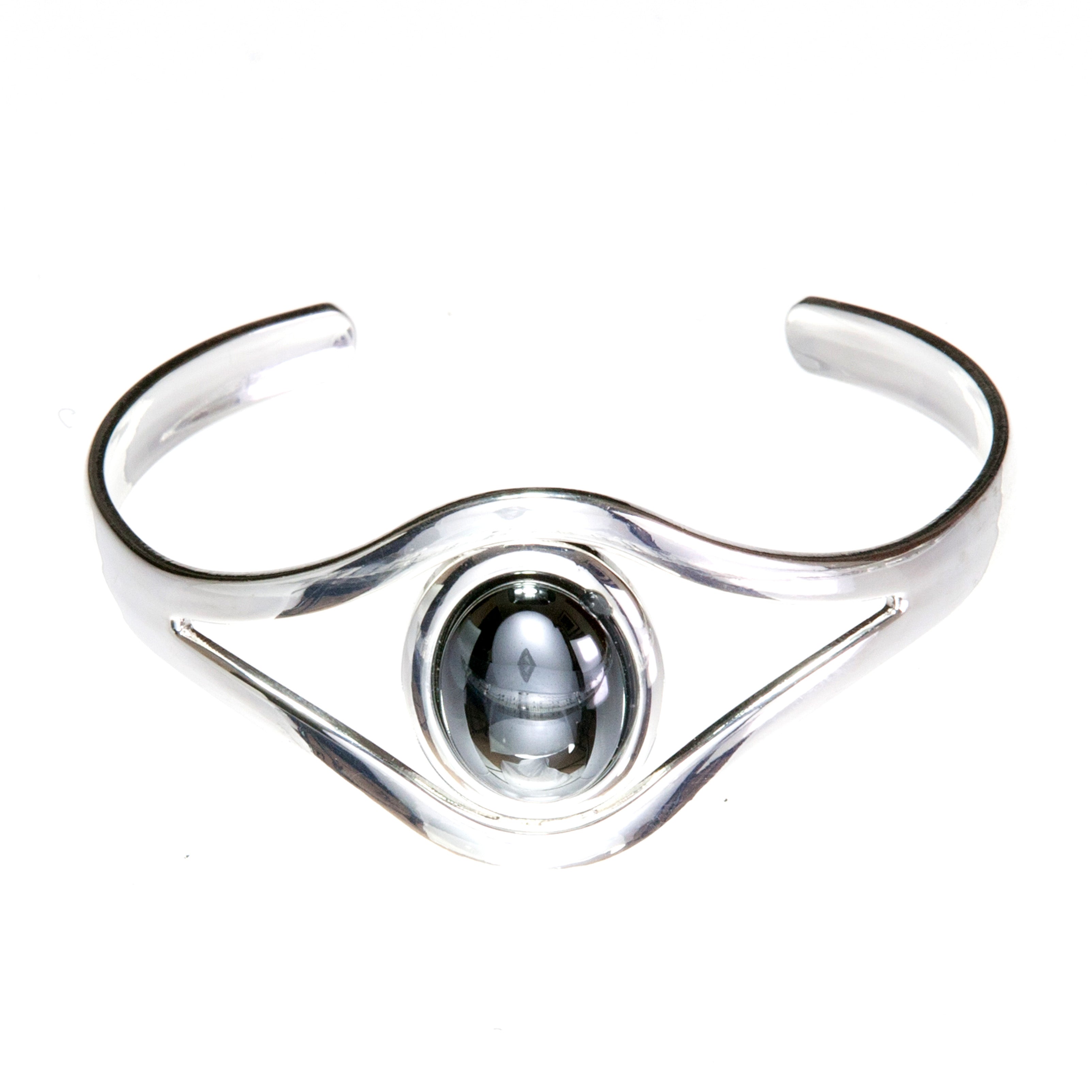 Hematite Grey Adjustable silver plated Bangle/Cuff with an 18 x 13mm cabochon