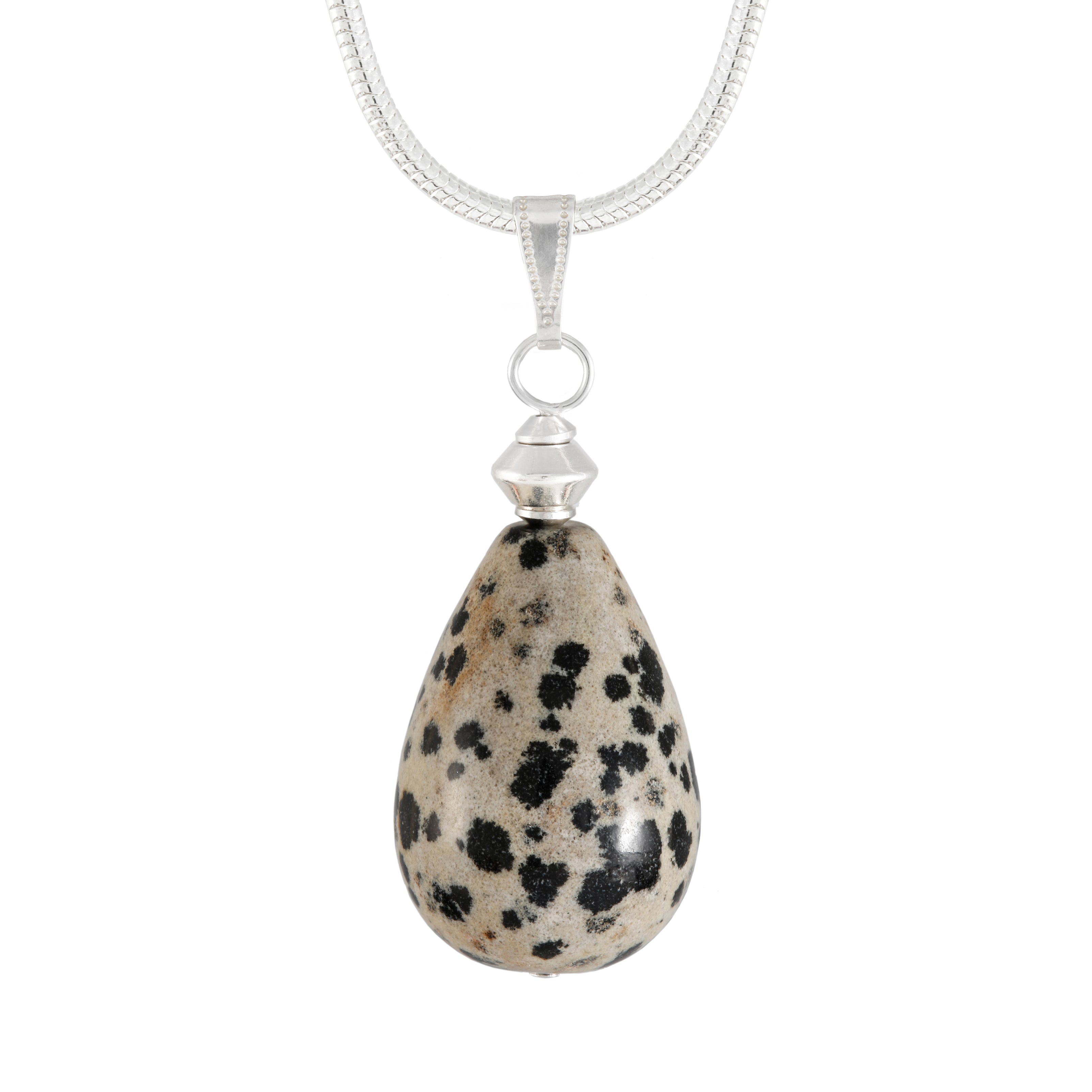Dalmation Jasper Large Teardrop Necklace with silver plated snake chain