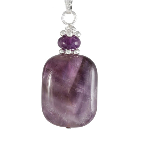 Amethyst purple necklace with rectangular  amethyst pendant and silver plated snake chain 
