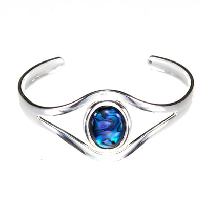 Blue Abalone Adjustable Bangle bracelet cuff. the oval abalone cabochon has swirls of blue and green patterning