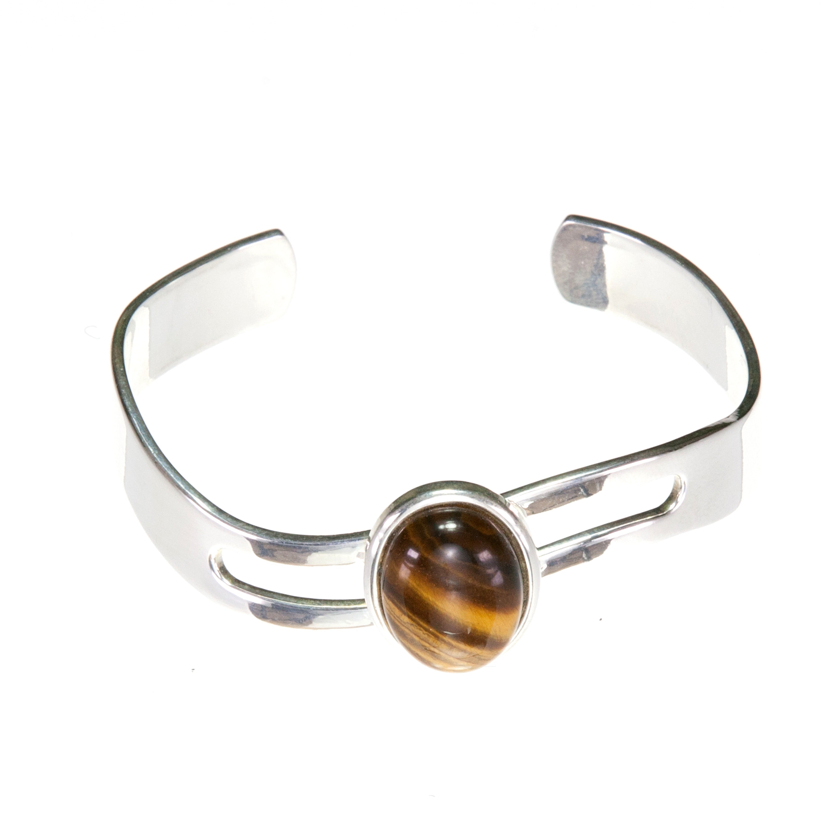 Adjustable Bangle with flattering wave shaped adjustable cuff and large Golden Brown Tiger's Eye Cabochon