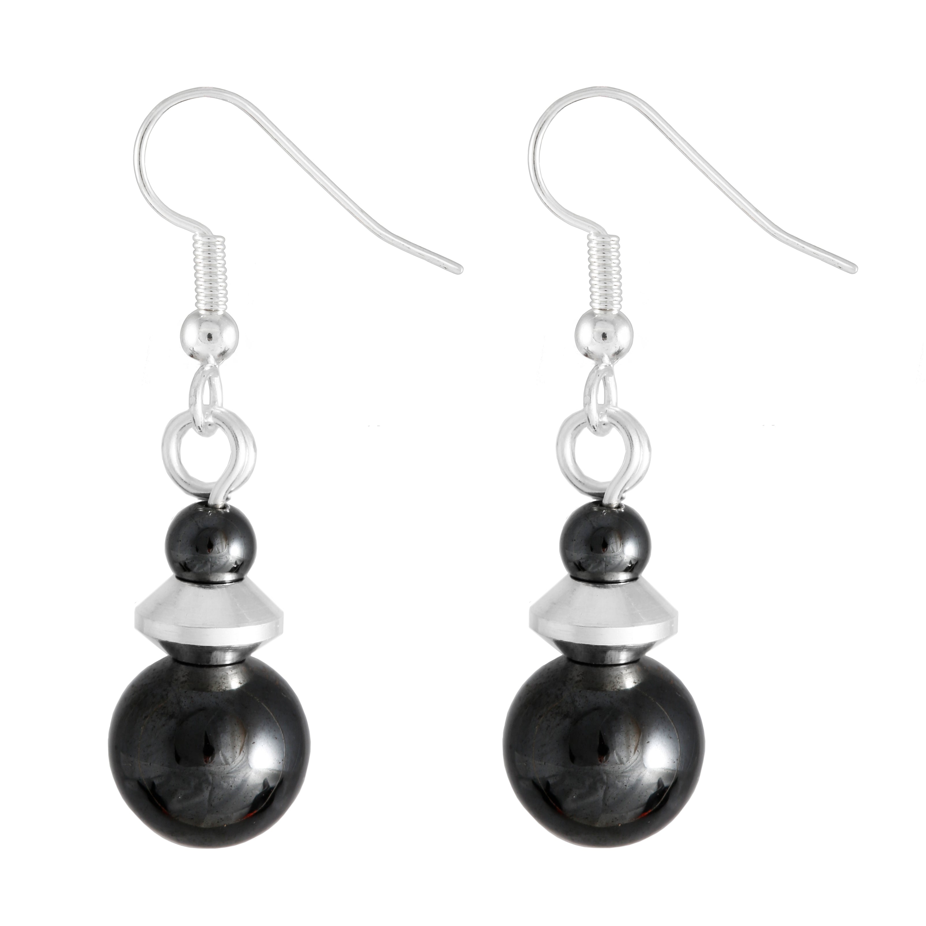 Hematite grey round drop earrings with silver plated detail