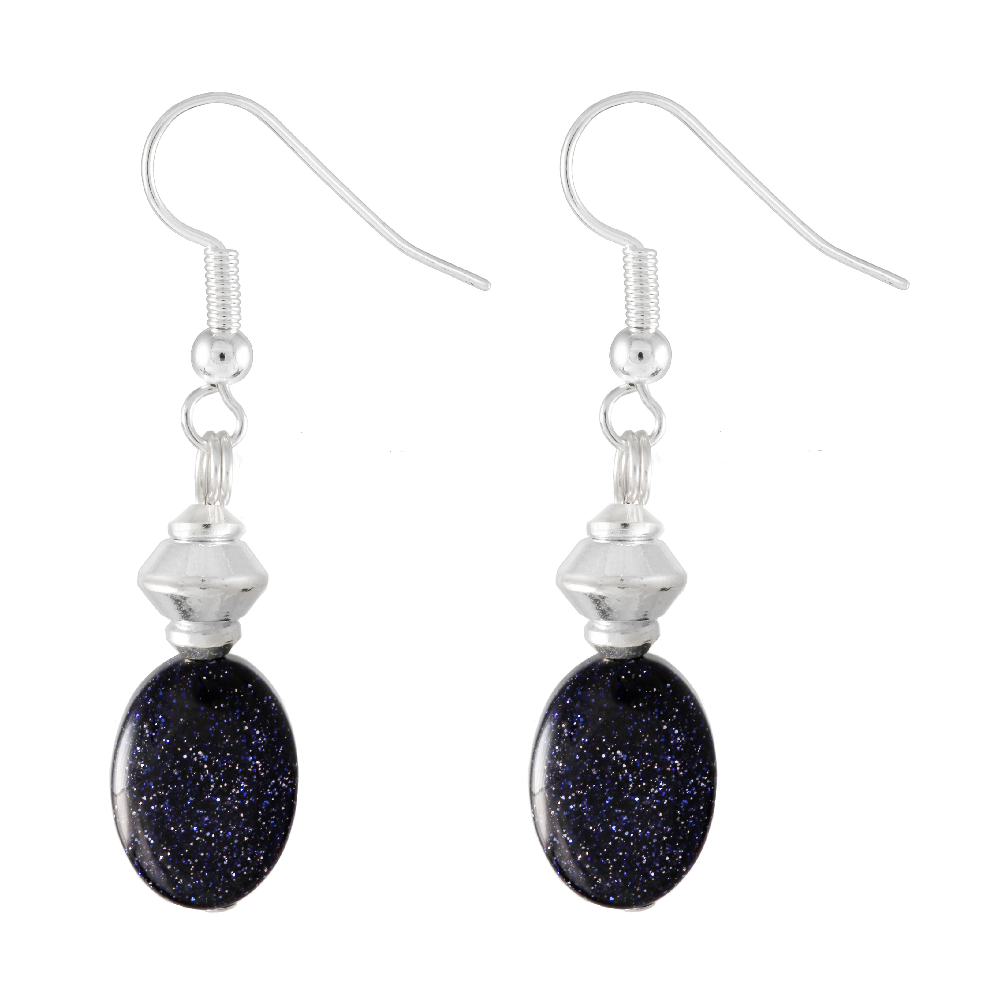 Blue Goldstone - Blue Sandstone Oval Drop Earrings With Silver Plated Detail