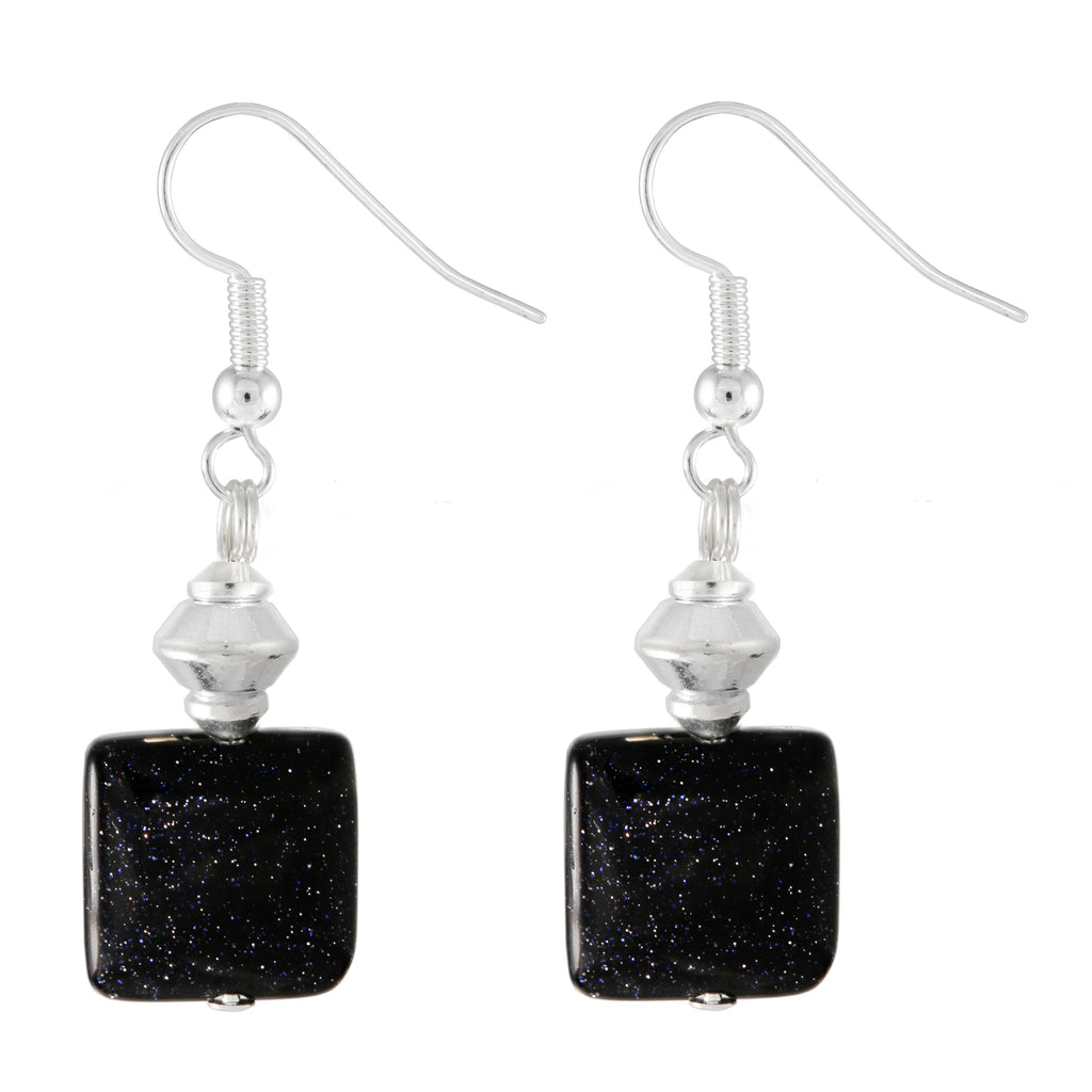 Blue Goldstone Square Drop Earrings With Silver Plated Hooks