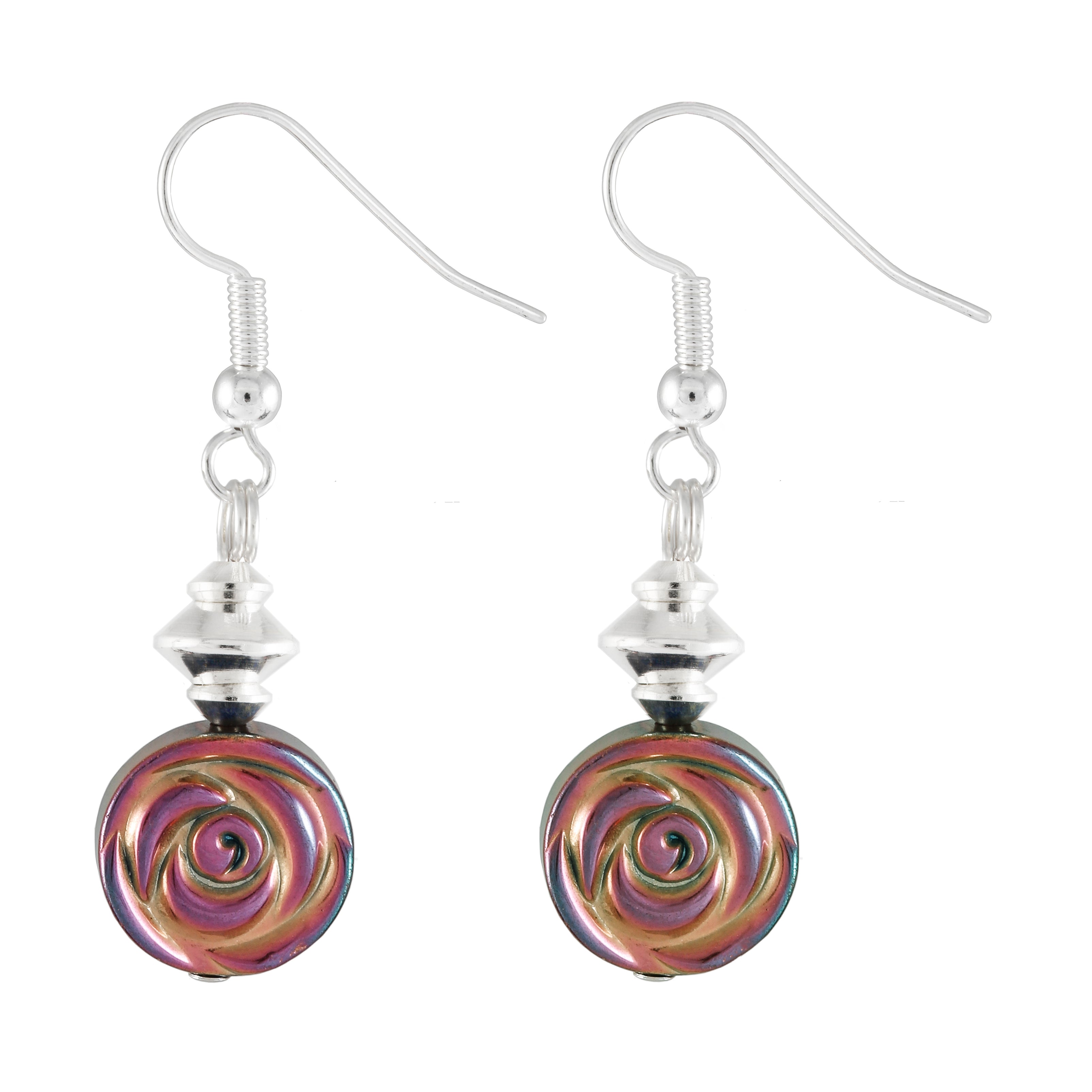Multicoloured electroplated hematite disc earrings with hints of pink, green, gold and bronze.