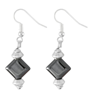 Diamond shaped metallic grey hematite drop earrings with silver plated hooks
