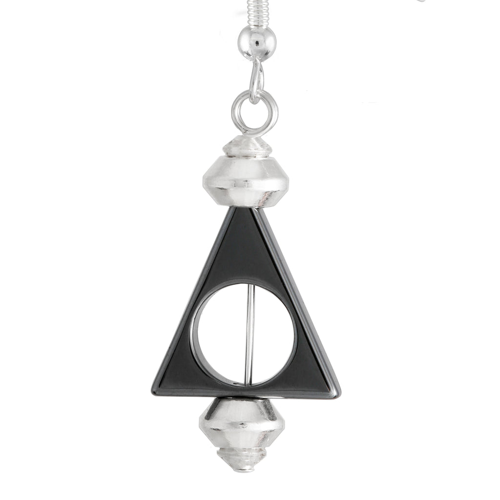 triangular dark metallic grey hematite drop earrings with silver plated nickel safe hooks