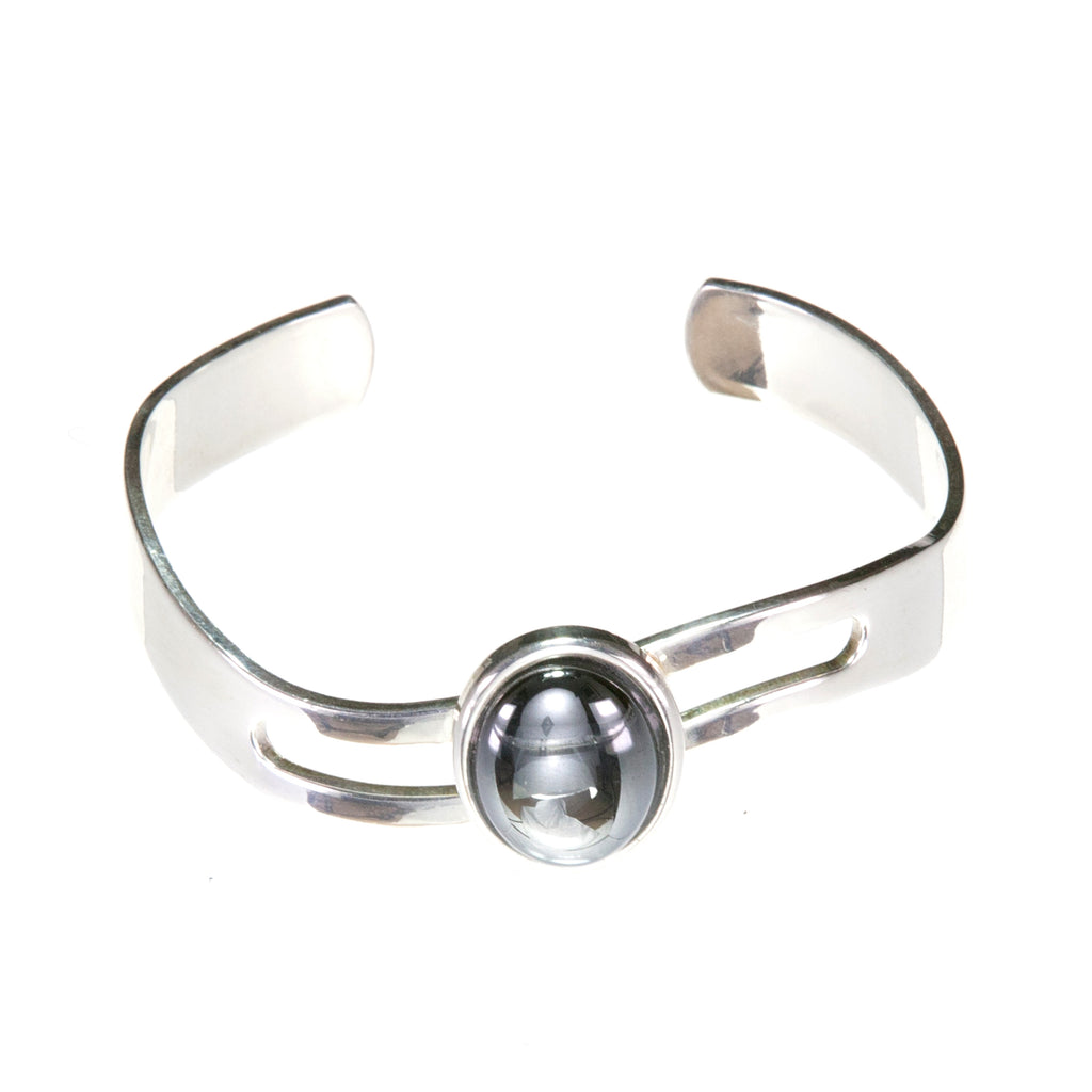 Metallic grey Hematite Oval Cabochon in a Silver Plated Adjustable Wave Bangle Bracelet Cuff