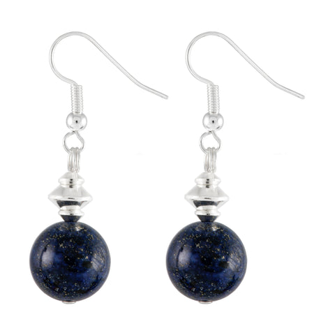 Lapis Lazuli Dark Blue Globe Earrings with Silver Plated Earring Hooks