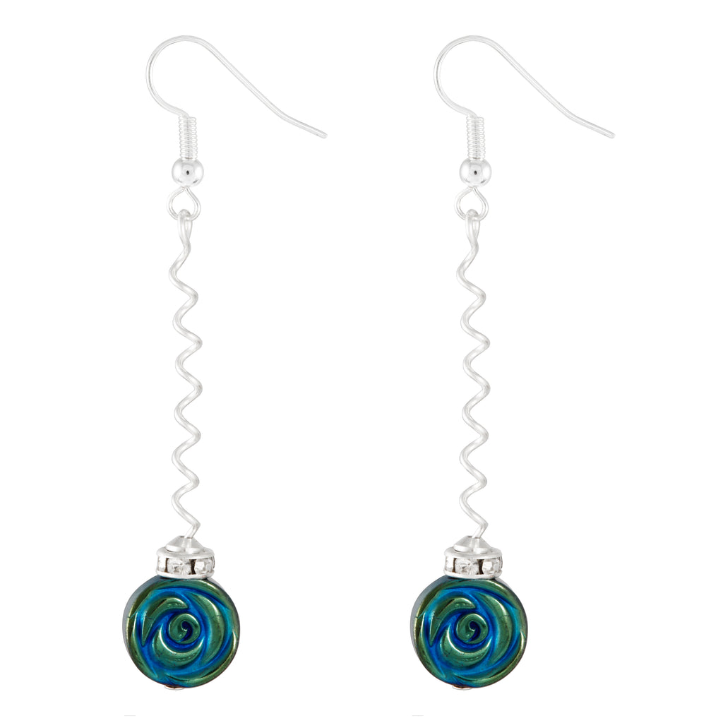 Metallic Blue/green disc earrings on a long silver plated spiralled wire.  The gemstone is hematite which is electroplated to give this stunning effect.