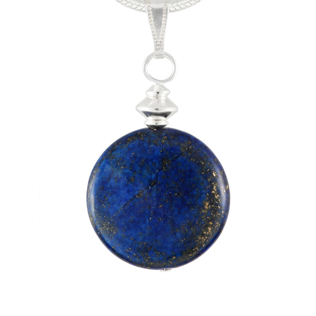 Lapis Lazuli Blue Disc Pendant on silver plated chain or black faux suede lace