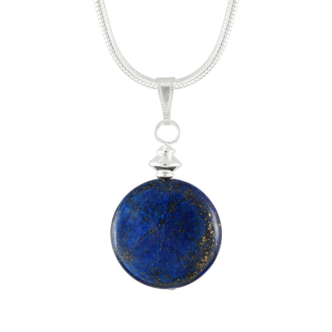 Lapis Lazuli Blue Disc Pendant on silver plated chain or faux suede lace