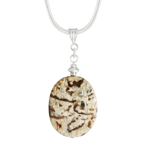 Graphic Feldspar a Cream Oval Stone with Brown markings.  Each necklace has totally individual patterns and co-ordinates with Tiger's Eye jewellery.