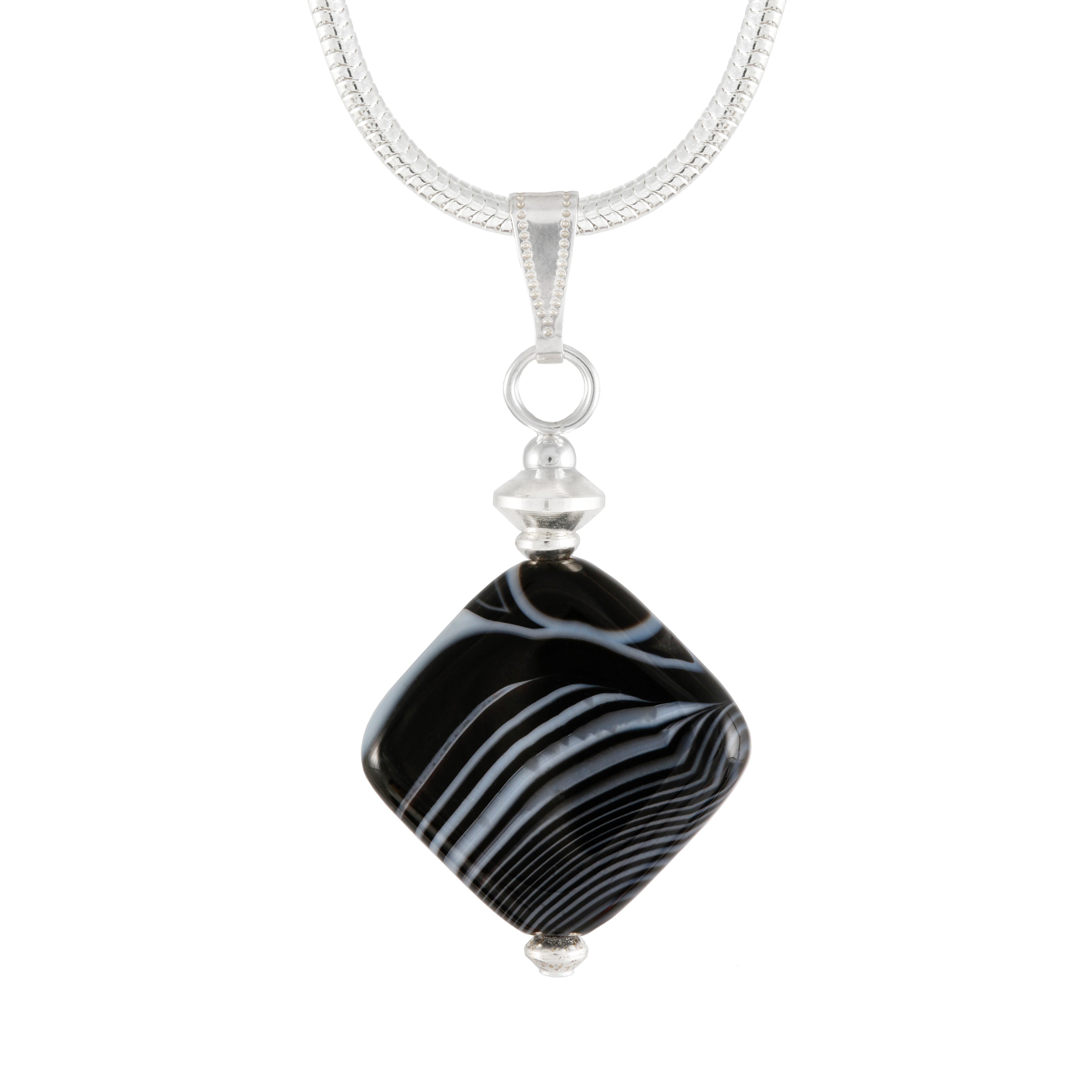 Black and White Banded Agate Necklace, diamond shaped agate pendant on silver plated snake chain