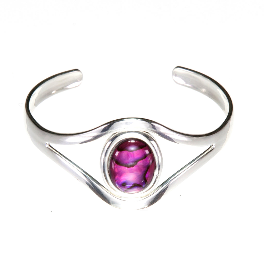 Dark Shocking Pink Abalone Shell Adjustable  Bangle Cuff Bracelet with Silver Plated Metal