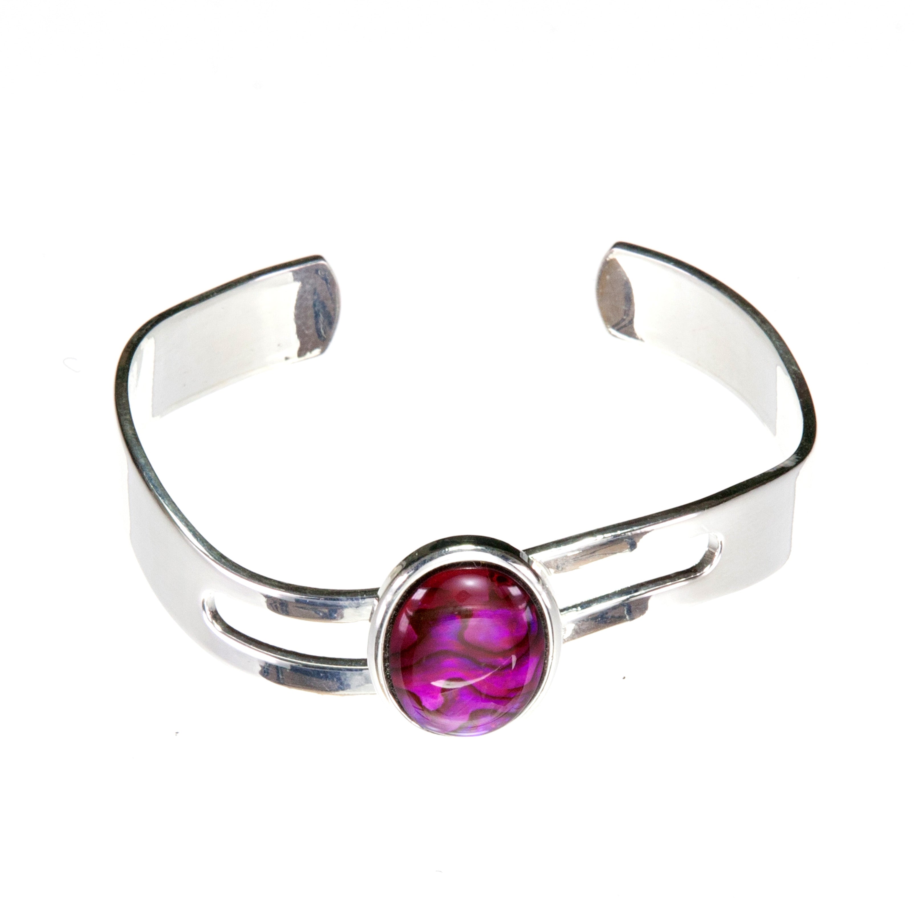 Adjustable Bangle with Large Bright Pink Abalone Cabochon and Silver Plated Wave Shaped Cuff