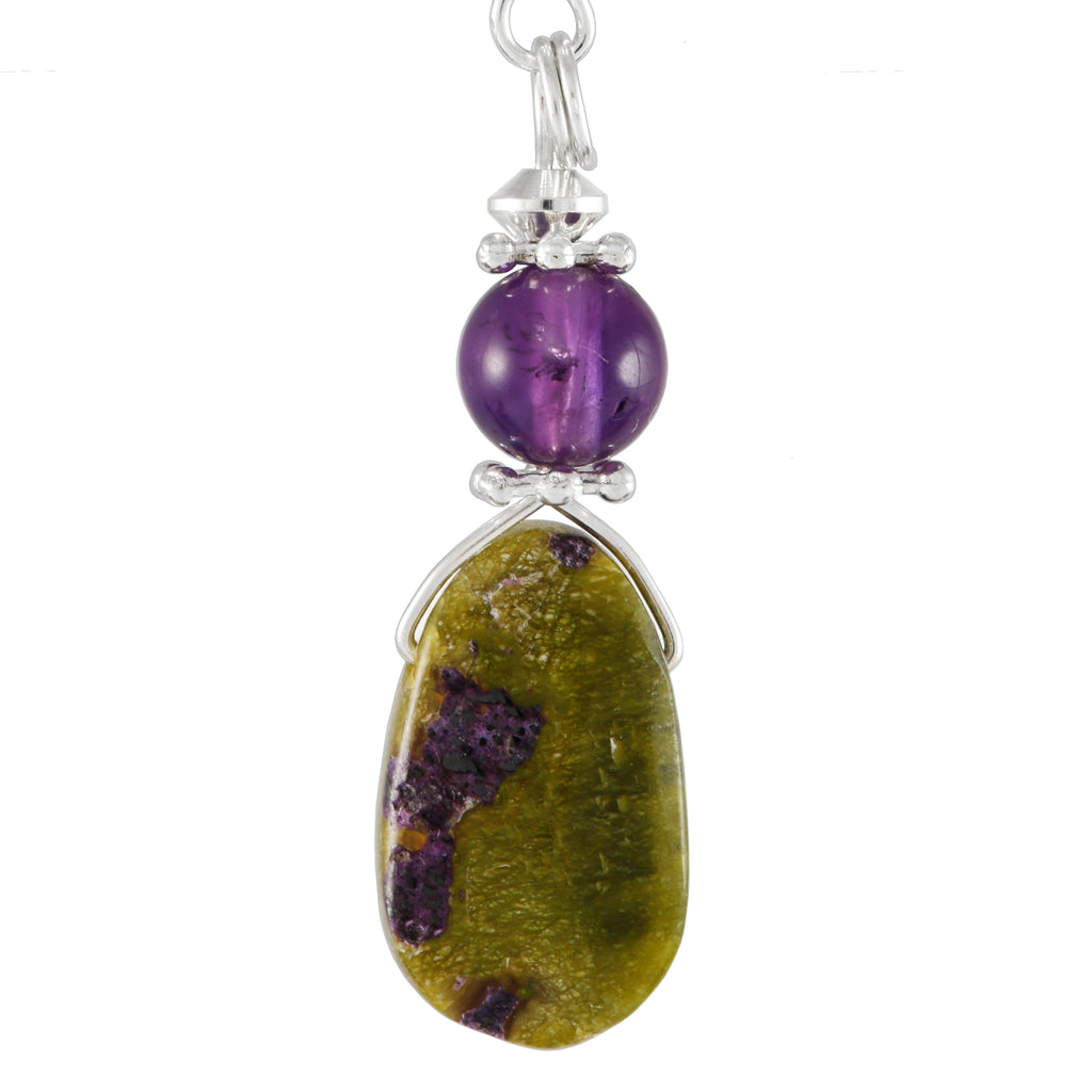 Stitchtite and Amethyst Purple and Green Drop Earrings with Silver Plated Details