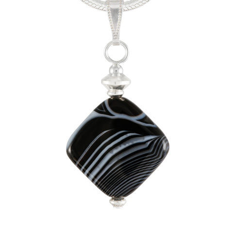 Banded Agate Black and White Diamond Shaped Agate Pendant on Silver Plated Snake Chain  
